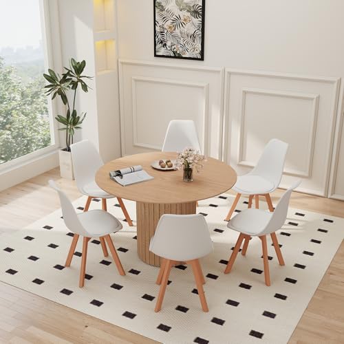 HJhomeheart Table à Manger Ronde de 120 cm avec 6 Chaises, Table de Cuisine Ronde en Bois, Panneau MDF, Chaises de Cuisine à Dossier en Plastique, pour 4 à...