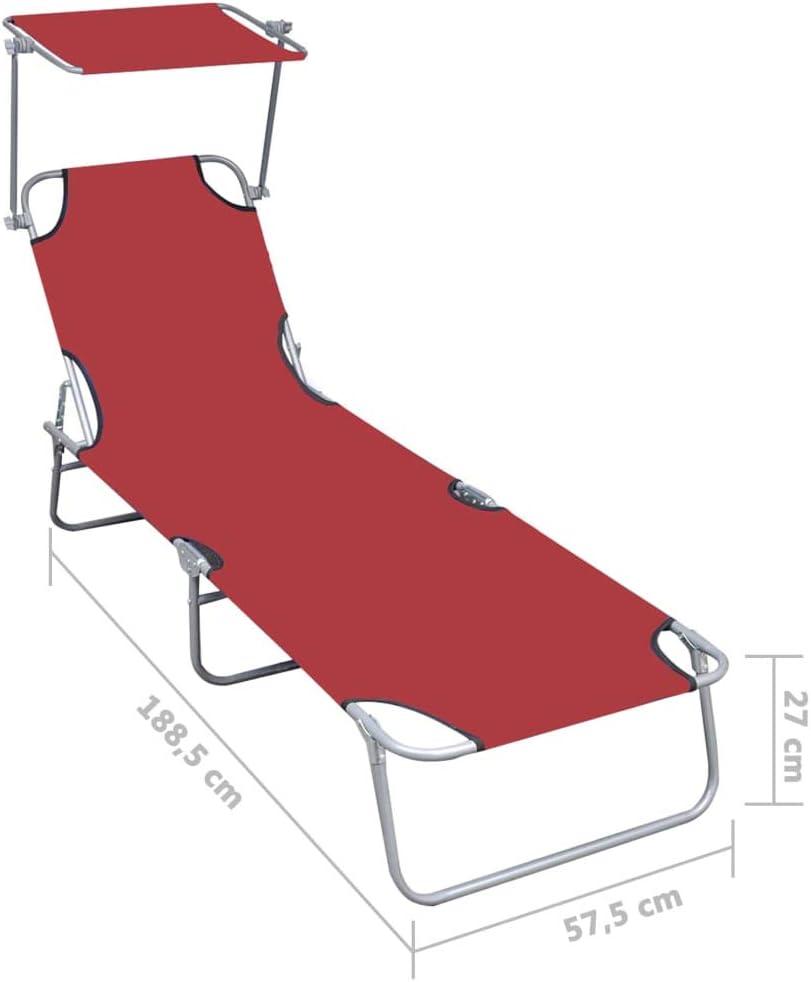 vidaXL Patio Lounge Chair, Folding Sunlounger with Adjustable Backrest, Sunbed with Canopy, Pool Lounge Chair for Outdoor Porch, Red Aluminum