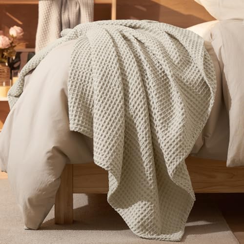 PHF Ultra Soft Waffle Weave Blanket Throw Blanket Lightweight Breathable Cooling Skin-Friendly Throw for Spring Summer for Hot SleeperAesthetic Home Decor for Bed Couch Light Khaki/Linen 50* 60
