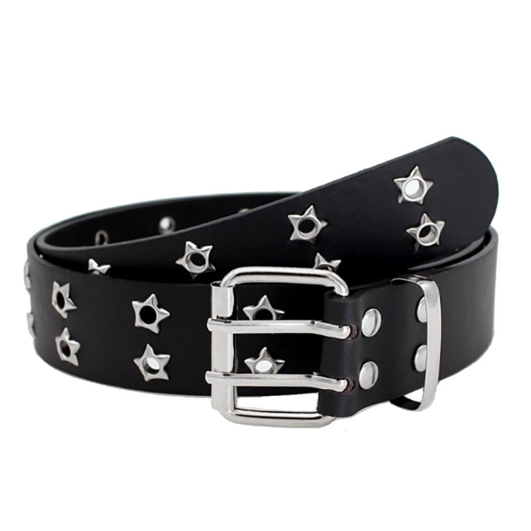Yalice Double Grommet Leather Belts for Women Men Star Studded Belt for Jeans Pants Punk Black Waist Belt (Black)