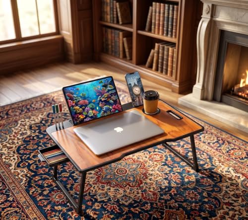 Image of Wood Multipurpose Foldable Laptop Table with Cup Holder | Table Home Study Writing Table, Foldable and Portable /Ergonomic Edges Kids & Adults