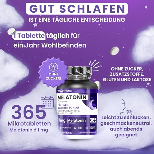 Vitastrong Melatonin Komplex, 365 Mikro-Tabletten, Hochdosiertes Melatonin mit Kamille, Baldrian, Lavendel & Vitamin B6 für besseren Schlaf & Jetlag, Zucker-, Gluten- & GVO-Frei