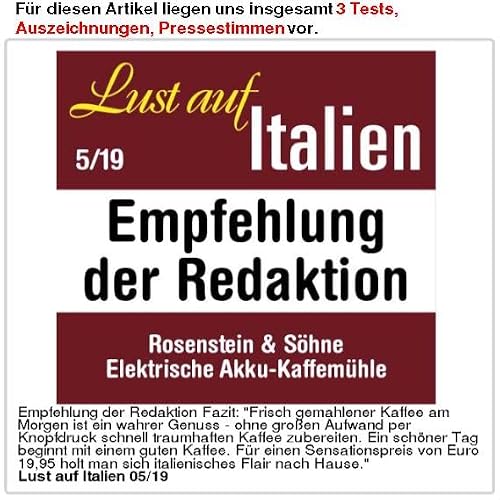 Foto von Rosenstein & Söhne Kaffeemühle 12V: Elektrische Akku-Kaffeemühle mit Keramik-Mahlwerk, USB Ladebuchse (elektrisch klein, Espressomühle, Haus)