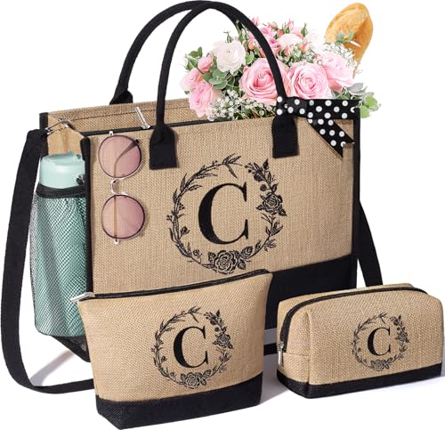 Image of Personalized Birthday Gifts for Women, Monogrammed Initial Jute Tote Bags