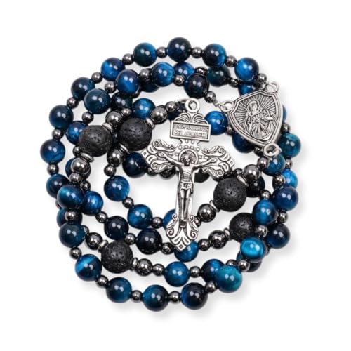Nazareth Store Sacred Heart Rosary Beads, Handmade Catholic Rosary with Blue Tiger Eye and Lava Stone Beads, Crucifix and Sacred Heart Medal, Five Decade Prayer Rosary Necklace