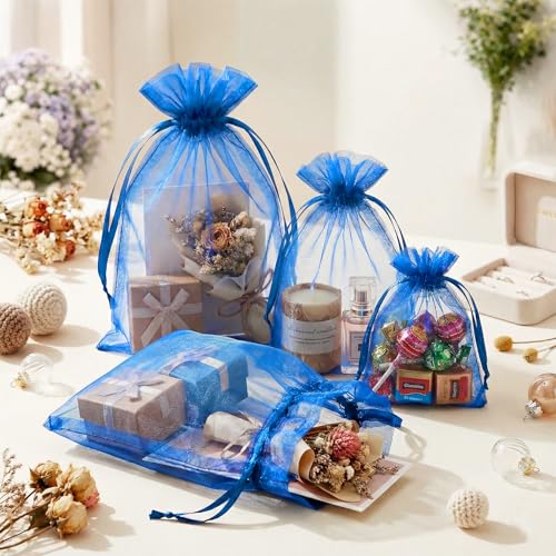Image of FUNFERY 100Pcs Royal Blue Organza Bags 4x6, Small Mesh Drawstring Gift Bag | Little Jewelry Bags for Wedding Party Favors, Mini Drawstring Pouch for Sachet, Candy, Goodie, Treat Bag for Easter Day