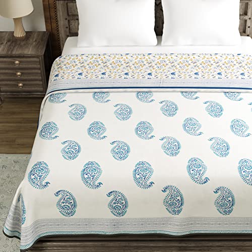 Image of BLOCKS OF INDIA 100% Cotton Dohar King Size Reversible Hand Block Printed Malmal Summer Dohar /Blanket (Blue Jaal)