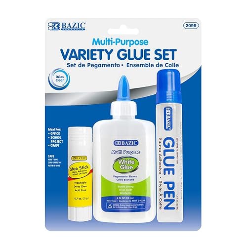 Bazic White Glue 4Oz, Clear Glue 1.7Oz, Glue Stick 0.7Oz, Washable Liquid Glue Pen, Multi-Purpose, For School Home Office (3/Pack), 1-Pack #TOP27