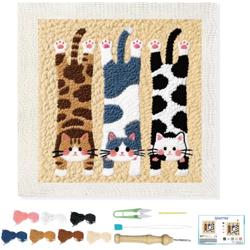 Image of BEUNITONE Lie Flat Cat Punch Needle Kit for Adults Beginners, Complete DIY Craft Needlepoint Kits with Hoop, Punch Needle Starter Craft Embroidery Set for Festival Gift and Cloth Home Decor 9.4X9.4 inch