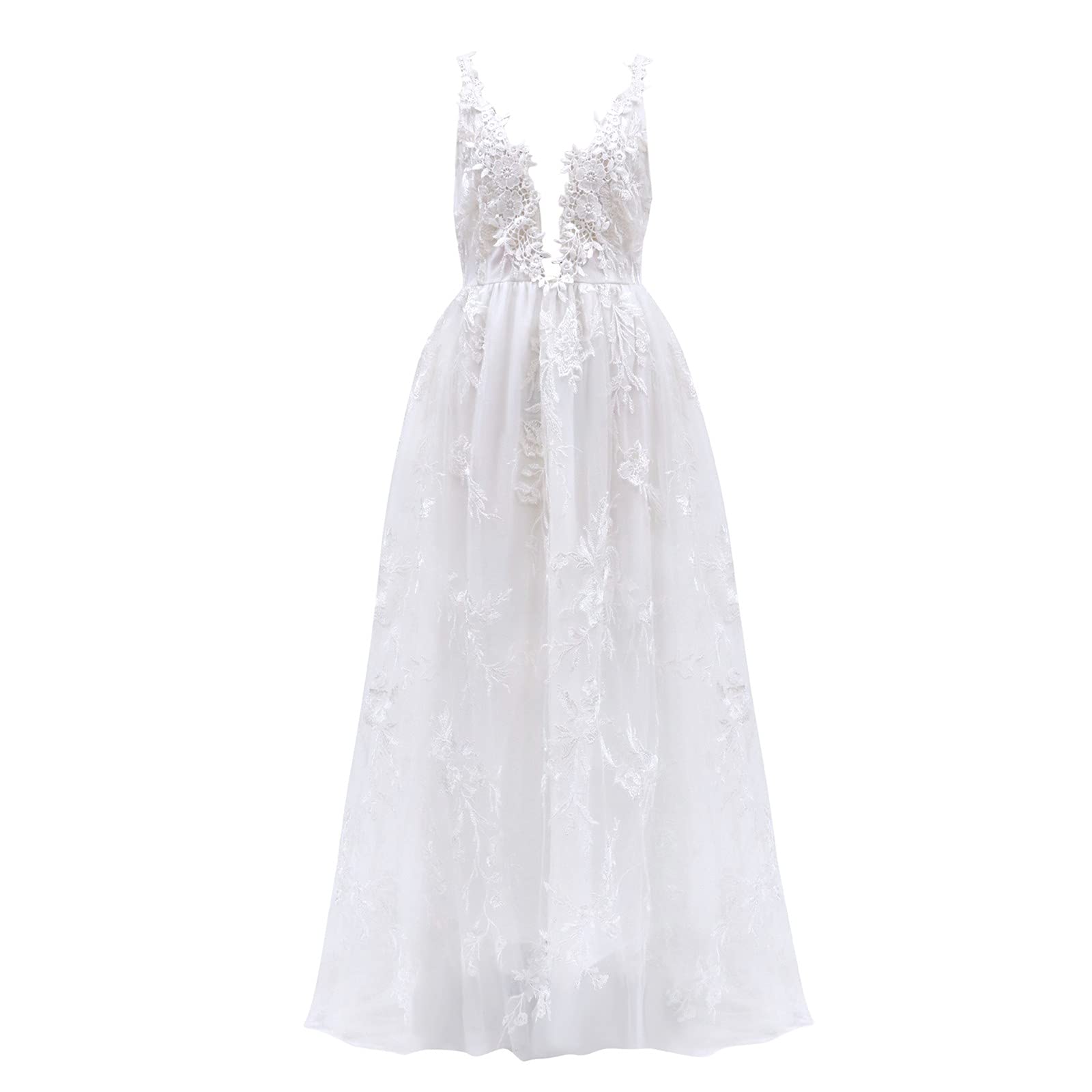 Longue robe blanche élégante, avec forme trapèze, col en V profond, dentelle et dos nu, pour mariage, bal, soirée, cocktail