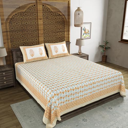 Image of BLOCKS OF INDIA Hand Block Printed 200 TC Cotton King Size Bedsheet (Brown Leaf)
