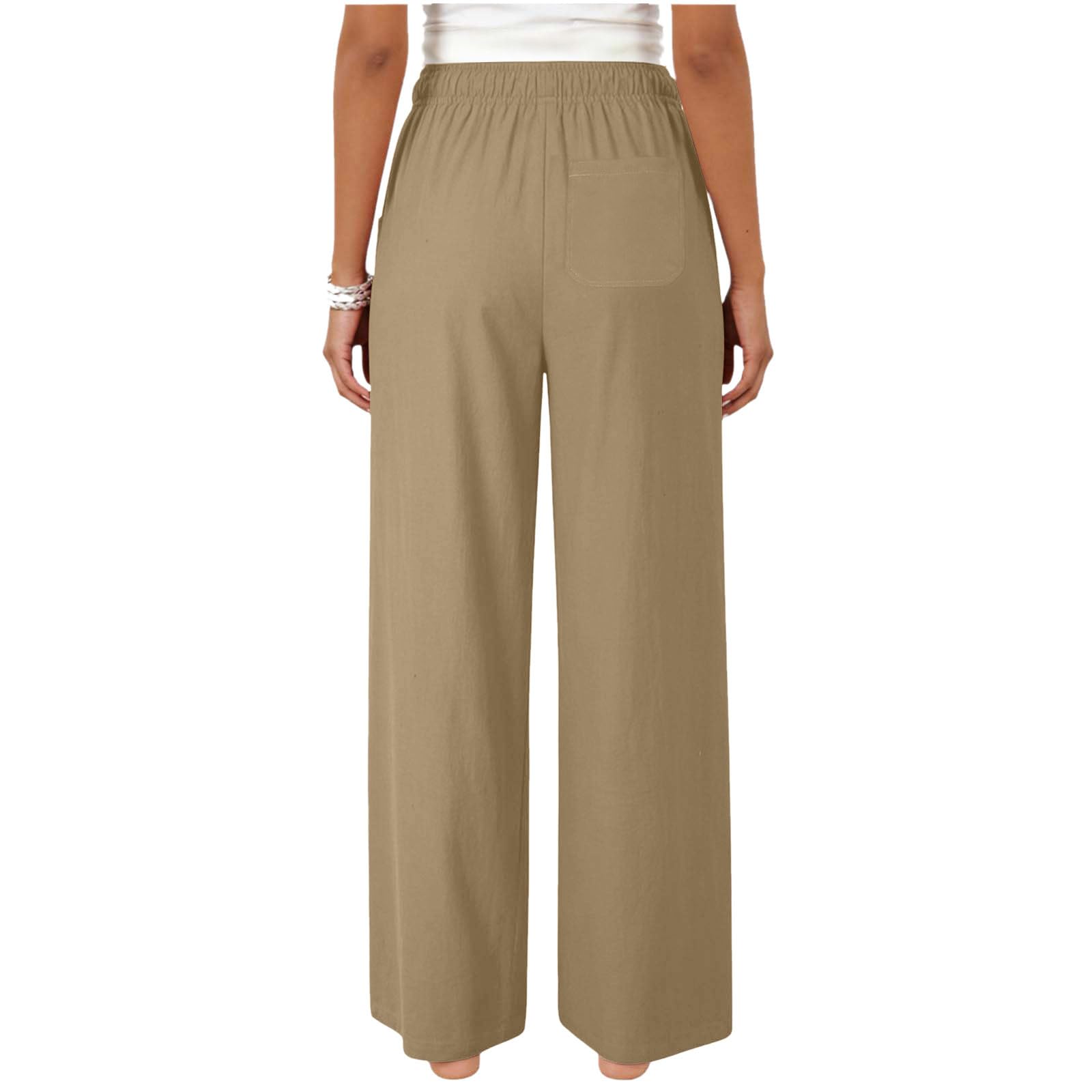 Pantalon Lin Femme été Coton Et Lin Baggy Confortable Pantalons Mode Fluide Ample Jambe Droite Taille Haute Elastique Pantalon D'été avec Cordon De Serrage Et Poches Coupe Décontractée