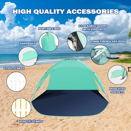 Outterra Beach Tent for 3-4 People, UPF50+ Sun Shelter with Breathable 3-Zipper Door Design, 8.0mm Reinforced Fiberglass Poles, Portable Shade Canopy for Beach & Camping (Green) - Image 7