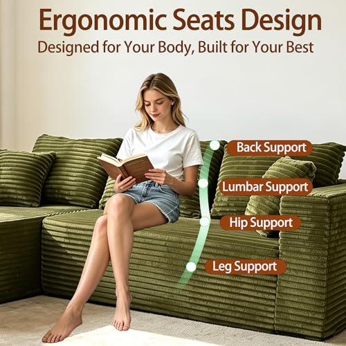 Image of 93 inch Boneless Couch, Modular Sectional Sofa for Living Room- Olive Green