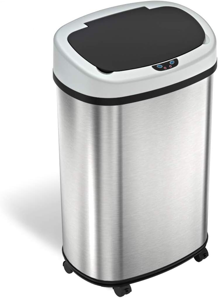 iTouchless 13 Gallon Sensor Trash Can on Wheels with Odor Filter, 50 Liter Automatic Kitchen Garbage Bin, Oval Fingerprint-Proof Stainless Steel, Hands-Free Motion Lid, Brushed Silver