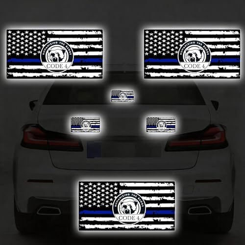 Image of Thin Blue Line Decal, Reflective Code 4 Flag Stickers Police, 3X 6 Inch American Flag Ebike Stickers - Tactical Military Flag USA Police Decal for Truck Car Window Motorcycle, Support Law Enforcement