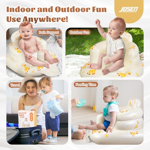 Image of JOSEN Inflatable Seat for Babies 3 Months & Up, Baby Floor Seat Learn to Sit Up, Portable Infant Feeding Shower Chair, Blow Up Baby Chair with Built-in Air Pump - Giraffe
