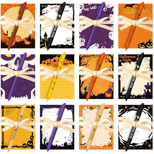 Yeaqee 36 Pcs Halloween Sticky Notes Set Include 12 Pumpkin Bat Ghost Note Pads with 12 Pen and 12 Ribbon Halloween Self-Adhesive Memo Pads for Holiday School Office Home Supplies