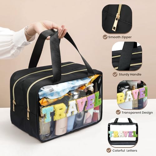 Yowivon Extra Large Travel Pouches for Toiletries, Waterproof Preppy Makeup Spf Sunscreen Skin Care Snack Bag, Clear Tote Bag for Beach, Camping, Business Trips, Swimming, Stadium Event, Black, XL4