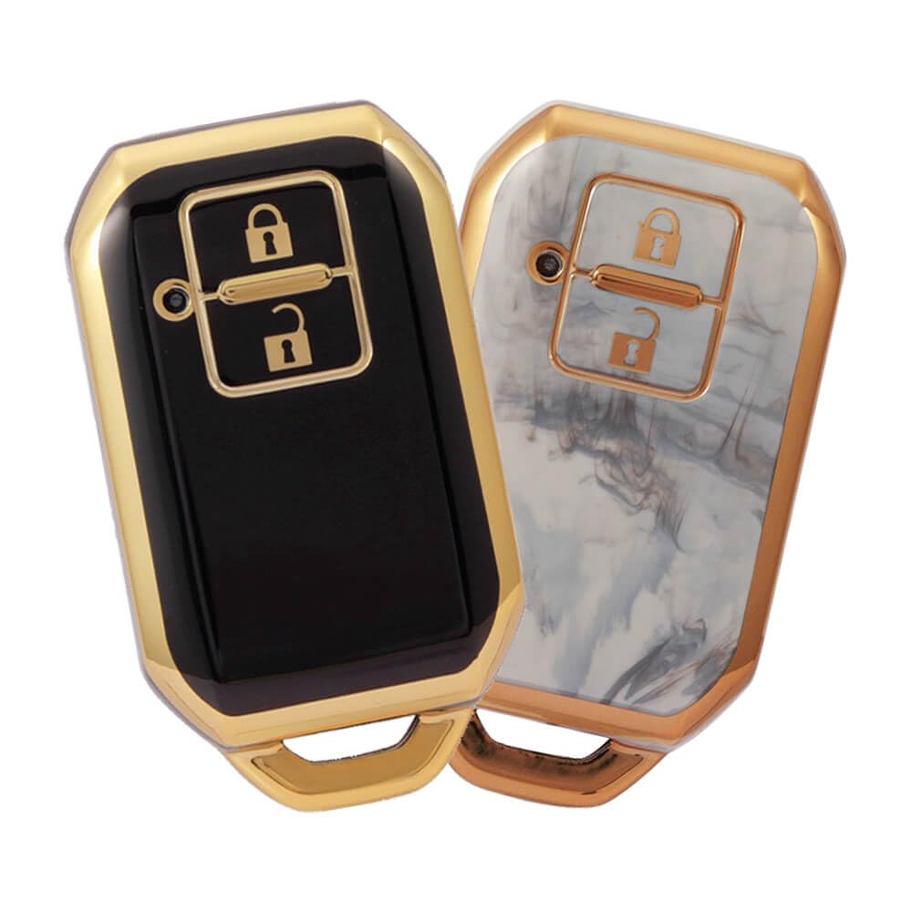 keyzone TPU Key Cover combo Compatible for Suzuki Fronx, Jimny, Grand Vitara, Brezza, Swift, Baleno. Ertiga, XL6, Ignis. DZire 2 button smart key (Gold TPU + Marble TPU)