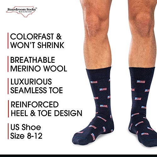 Boardroomsocks Merino Wool Mid-Calf Patterned Socks, Dress Socks For Men, Navy With American Flags #TOP3