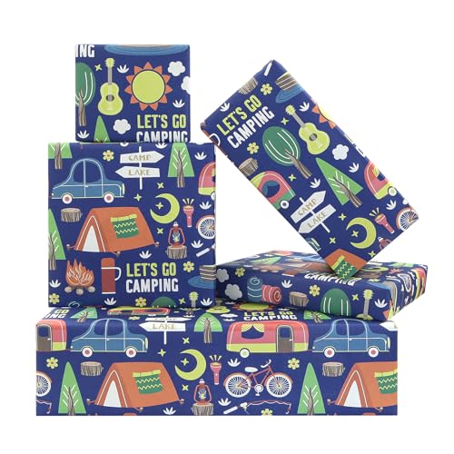 Let's Go Camping-Geschenkpapier, Abenteuerzelt, Baum, Auto-Taschenlampe, Camp-Themenmuster, gefaltet, flach, blaues Kunstpapier für Kinder, Jungen, Mädchen, Geburtstag, Sumemr-Party, Geschenkpapier