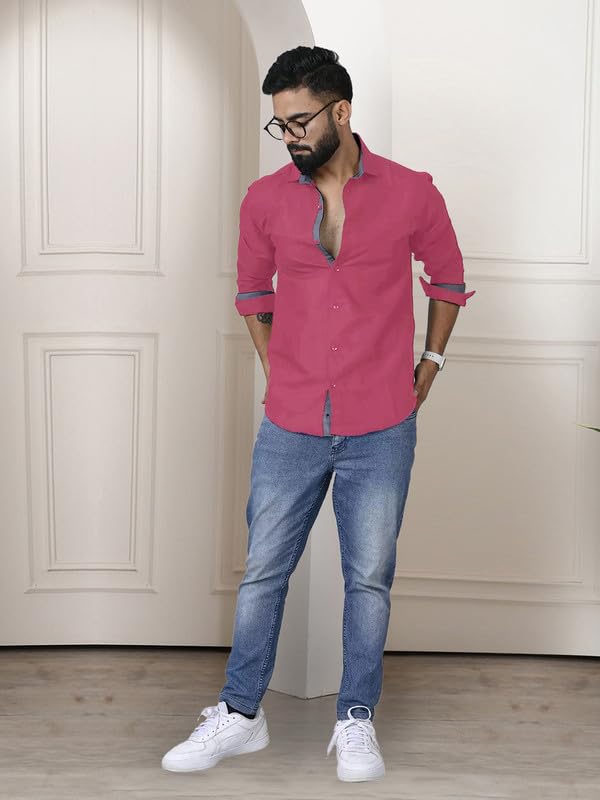 Image of Pinkmint Shirt for Men Cotton Soild Shirt & Spread Collar Long Sleeve Shirt Formal, Travelling