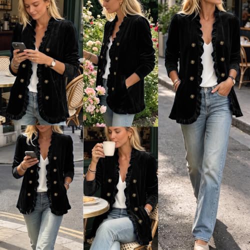 Velvet Jacket Women Long Sleeve Fall Jackets Ruffle Trim Cardigan Winter - image 7