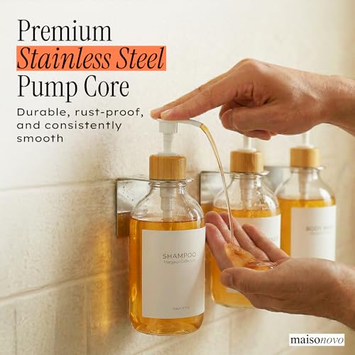 Image of Shampoo and Conditioner Dispenser Wall Mounted Set of 3 Clear Bamboo - No Drill Shower Soap Dispenser for Bathroom Refillable - Spa Hotel Style Accessories by MaisoNovo | 500 ml Shower Gel Dispenser Set of 3. Refillable Shampoo and Conditioner Bottles. Drill Free Secure Design. Clear Bamboo