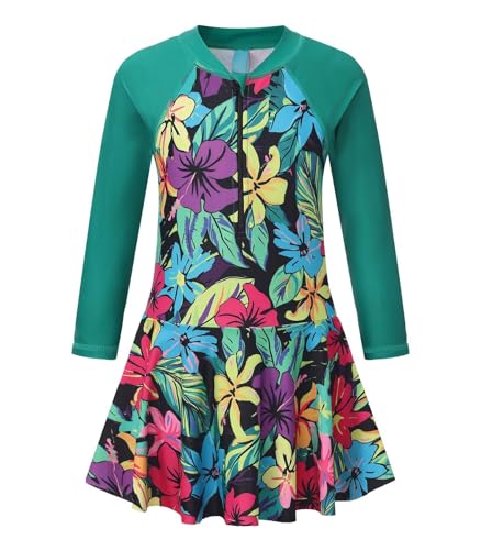 Image of Aisyee Girls One Piece Swimsuits Swim Dress for Girls Long Sleeve Rash Guard Bathing Suits Hawaiian Skirt Swimwear 3-16 Years