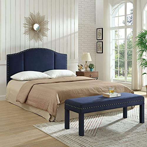 24Kf Upholstered Linen Bed Bench With Nail Head Trim,Padded Tufted Bench -Navy Blue #TOP6