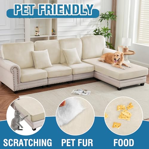 Image of Stretch Silver Fox Velvet Sectional Couch Covers - 4-Piece Sofa Cushion Covers for Left /Right L-Shaped Chaise, Soft and Comfortable Slipcovers for Sectional Sofa(3 Seater + 1 Chaise,Ivory)
