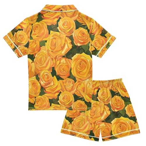 ALAZA Yellow Rose Flower Leaves Pajamas Satin Pajama Set Short Sleeve Button Down Sleepwear2