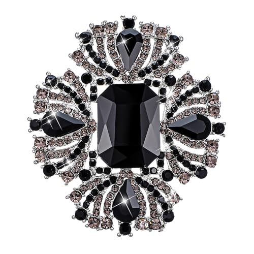 Image of Telooco Crystal Rhinestone Brooches 2.6 inch*2.3 inch Crystal Brooches for Women,Shiny Big Vintage Austrian Brooches for Women for Dance Party(Black)