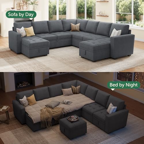 Image of HONBAY Modular Sectional Sleeper Sofa with Pull Out Couch Bed, U Shaped Couch with Storage, Sectional Couches for Living Room, Bluish Grey