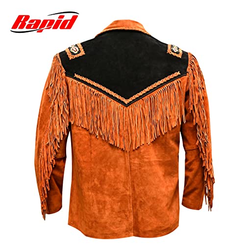 Men's Western Cowboy Leather Jacket Fringed Boned Native American Suede Beaded -Tan Brown (X-Large)2