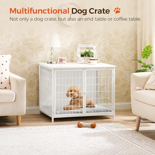 MAHANCRIS Hundekäfig Möbel, 80 cm Hundebox mit Kissen, 2 Tür, Doppeltür, Holzwerkstoff, für Kleine/Mittelgroße/Große Hunde, 80 x 55 x 65 cm, Hundekäfig für Zuhause, Weiß ADCBW0701