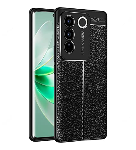 Image of Golden Sand Vegan Leather Textured Back Cover Case Comaptible with Vivo V27 Pro (Shockproof TPU | Midnight Black)