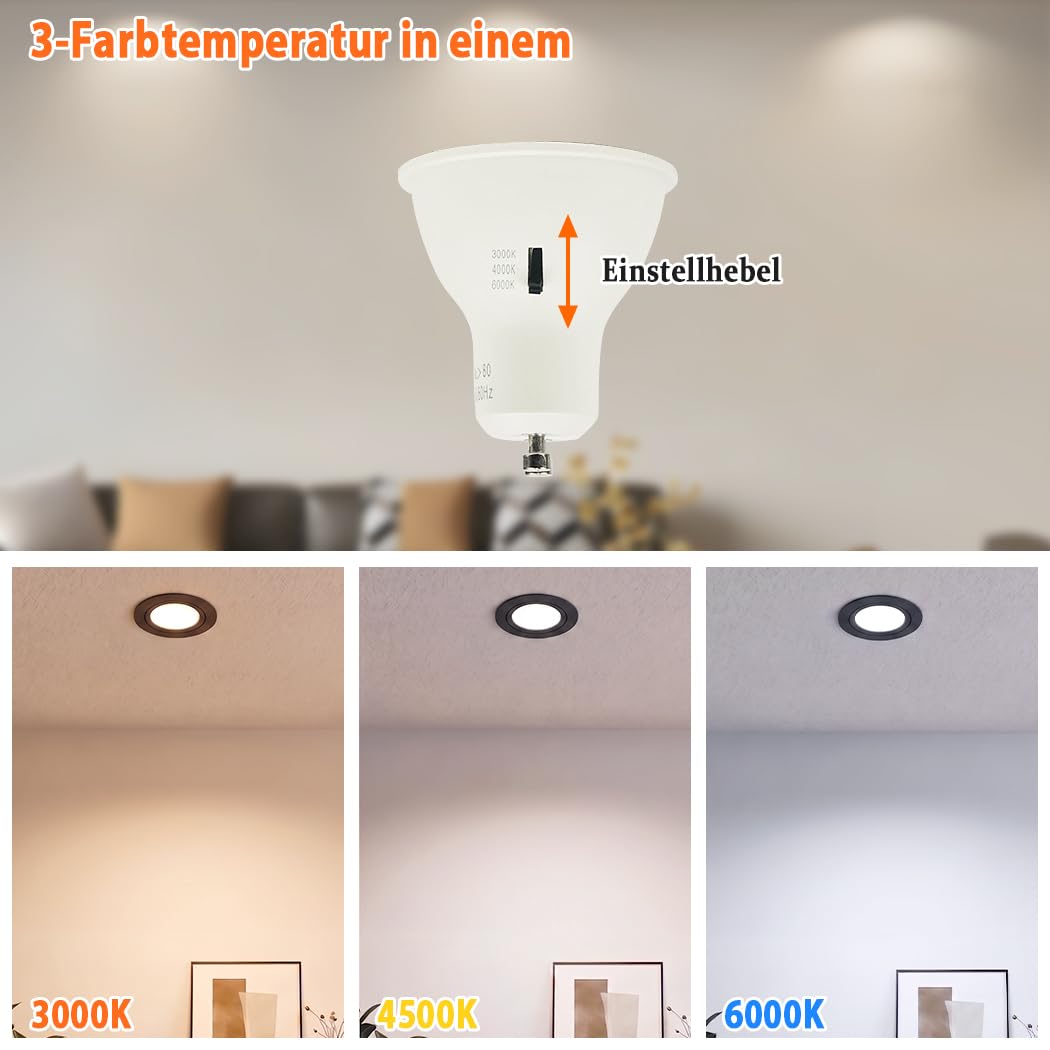LED Einbaustrahler 230V Dimmbar 7W LED Spots 230V Verstellbarer Winkel,Farbtemperatureinstellbar Einbaustrahler LED mit GU10 Glühbirnen,IP44 Wasserdicht Deckenspots Schwarz für Küche,Bad,6er Set