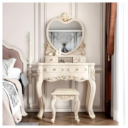 CraftThink Modern Makeup Vanity Set, Bedroom Makeup Vanity Desk Wood Vanity Dressing Table for Bedroom, Makeup Vanity & Mirror & Stools Hearts 31" L x 19" W x 64" H