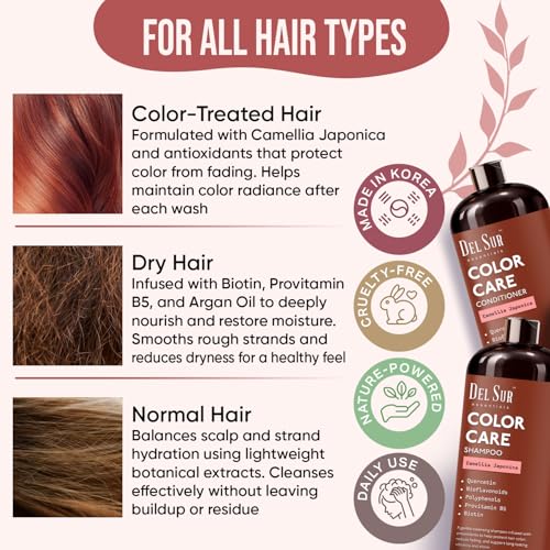 Image of DEL SUR Color Safe Shampoo and Conditioner Set for Color Treated Hair | Camellia Japonica, Quercetin & Biotin | Anti-Frizz & Hydrating | 16 fl oz Each