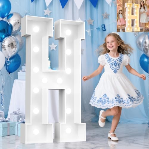 Image of Pooqla 4 FT Marquee Light Up Letters, Cool White and Warm White Marquee Letter 4 Feet Tall, Giant LED Sign Big Mosaic Letter H for Balloons Birthday Party Anniversary Wedding Decorations