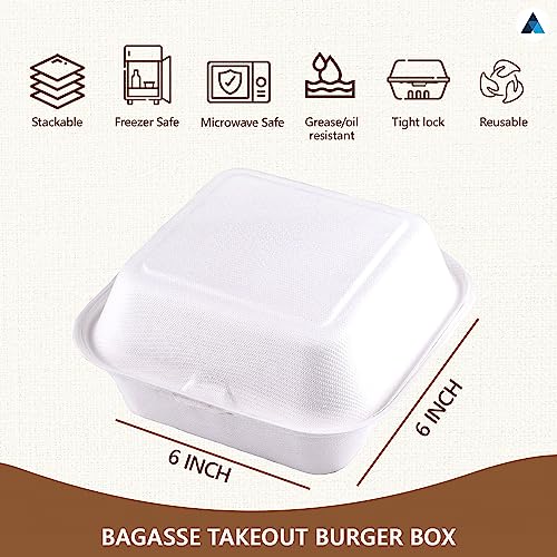 Nationwide Paper Pack of 200 Burger Boxes Takeaway Bagasse Sugarcane White Boxes Microwave and Freezer Safe, 6Inch(15cm) - Image 3