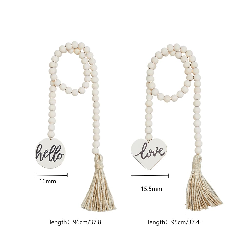 SUPERFINDINGS 2PCS 2 Styles Wood Bead Garland with Tassel 37inch Decorative Beads Farmhouse Beads for Rustic Country Decor Boho Wooden Beads with Love and Hello Tag Pendants