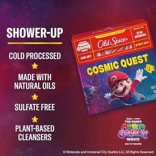 Image of Old Spice Bar Soap for Men, x The Super Mario Galaxy Movie, Cold Pressed with Grit, Made Up Of Natural Oils & Plant Based Cleanser, Star Showers with Juicy Pear & Cedarwood Scent,5 Ounce (Pack of 12)