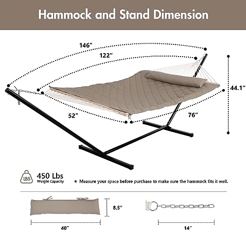 Image of ANOW 2 Person Hammock with 12FT Stand, Heavy Duty Rope Hammock, Light Brown