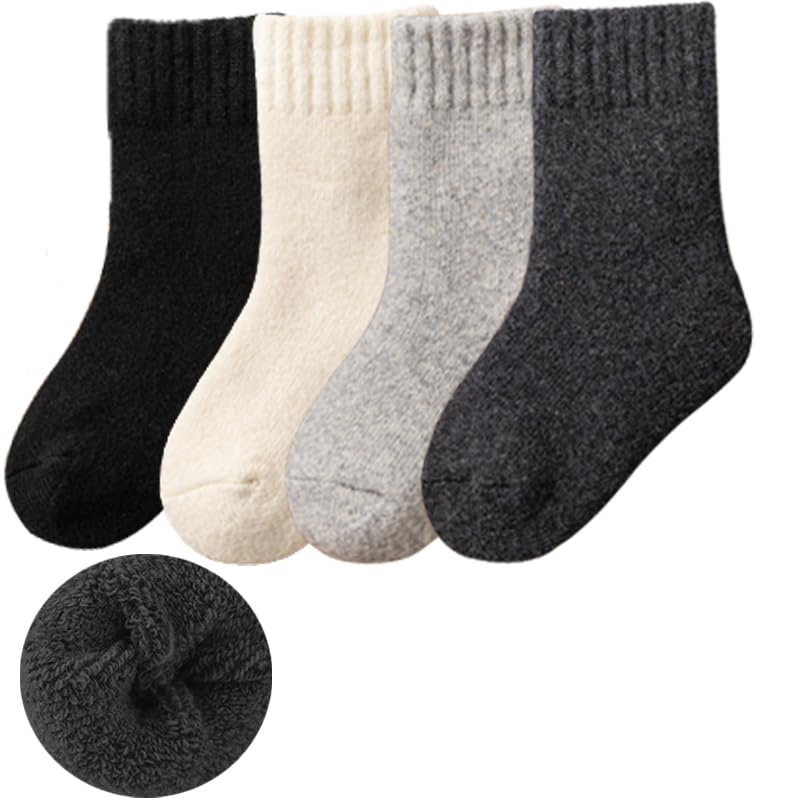 Himcus 4 Pairs Kids Boys Thermal Merino Wool Socks Toddler Winter Warm Calf Solid Socks(Iron Grey Dark Grey Black White L 6-8 Years)