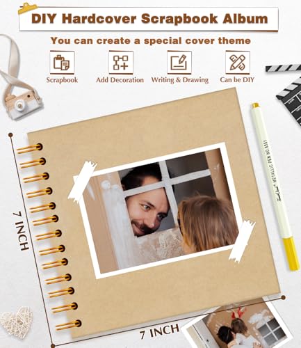 Image of EJBLFE DIY Scrapbook Album, Hardcover Kraft Scrap Book Album with Metallic Pen for Family Memory Books, Wedding Anniversaries, Tickets and Craft Gift Projects (7x7 Inch 40 Pages /20 Sheets)