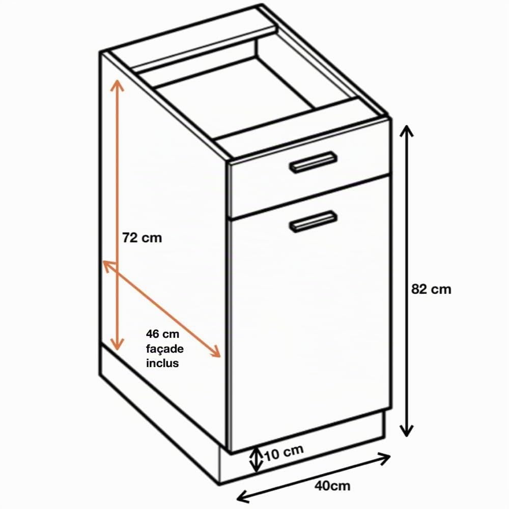 Cuisineandcie - Meuble Cuisine Bas ECO Gris Brillant 1 Porte, 1 tiroir L 40cm - Meuble Bas Cuisine Rangement, Meuble Cuisine, Placard Cuisine Bas