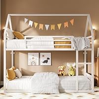 LIKIMIO Bunk Bed Twin Over Twin, House Bunk Bed Frame with Ladder and Guardrail, House Shaped with Metal Slats for Dormitory and Bedroom, Space Saving, No Box Spring Needed, White